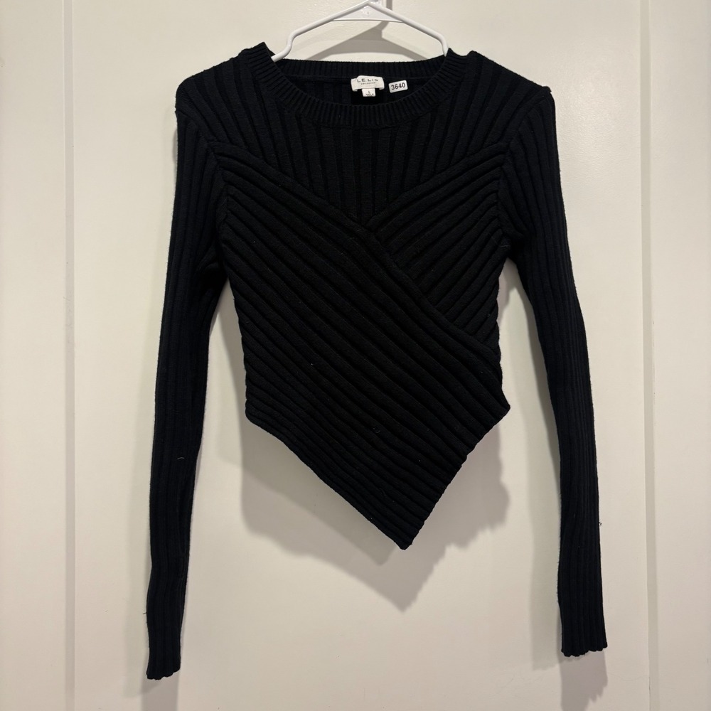 LE LIS Collection Black Ribbed Wrap Front Asymmetrical Hem Sweater Large